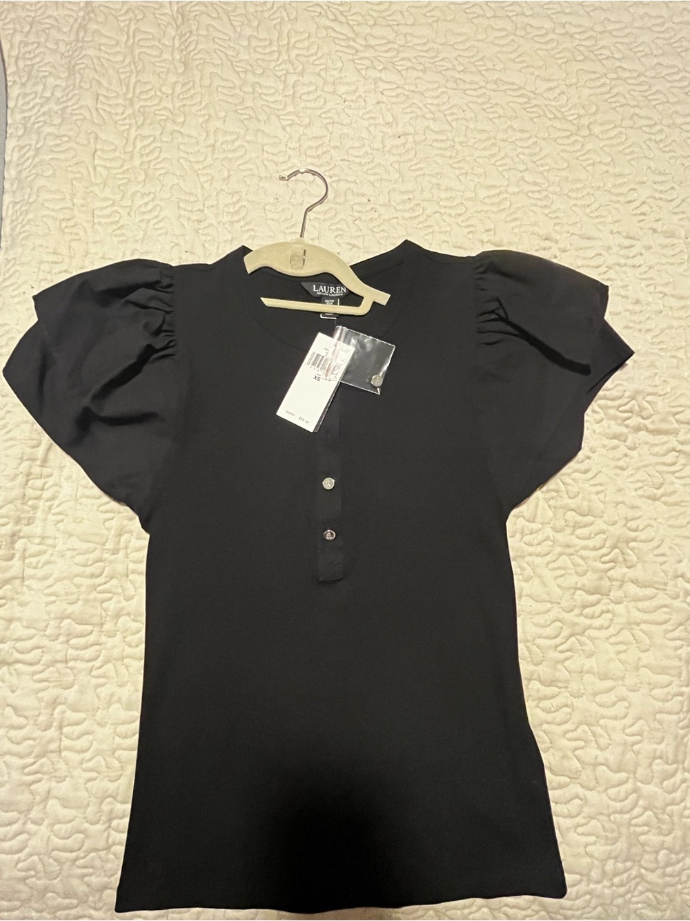 Lauren Ralph Lauren Black Puff Sleeve Henley Top